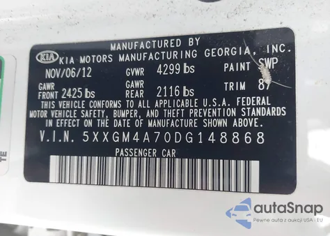 2013 Kia Optima Lx z USA, uszkodzony, nr VIN 5XXGM4A70DG148868